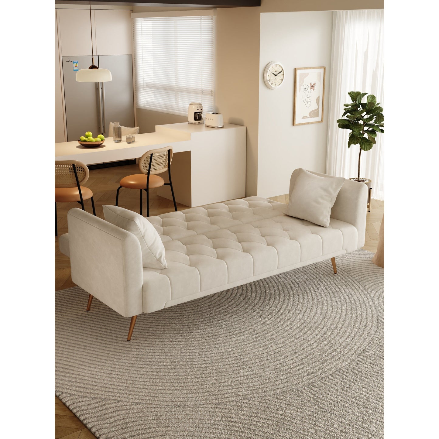 71 Velvet Convertible 3-seater Sofa Bed with Two Throw Pillows and Metal Legs for Living Room