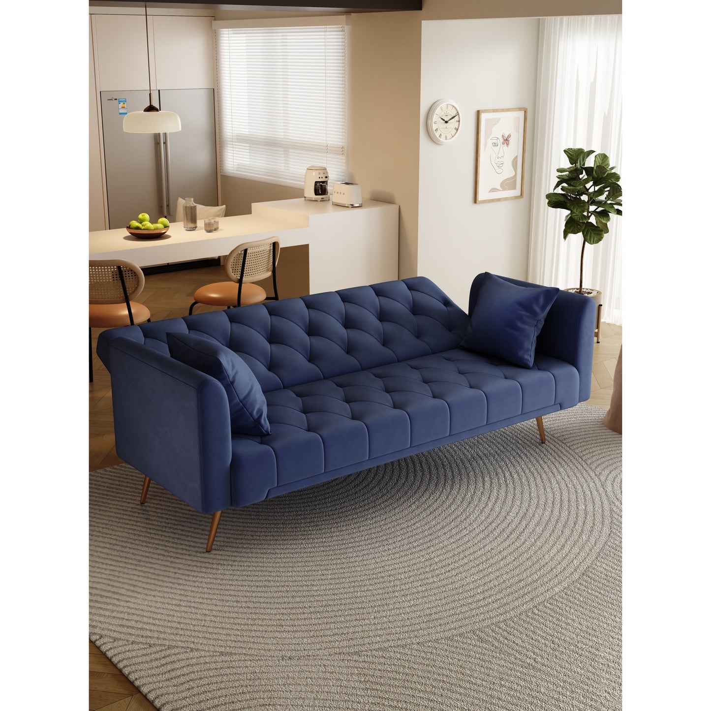 71 Velvet Convertible 3-seater Sofa Bed with Two Throw Pillows and Metal Legs for Living Room