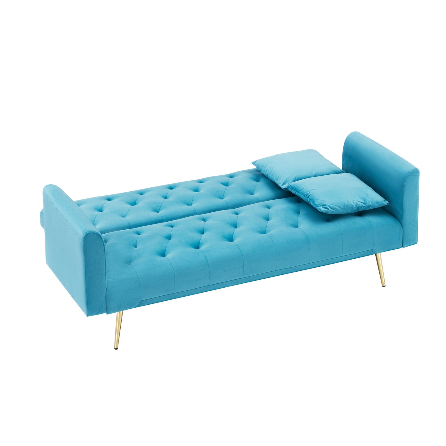 71 Velvet Convertible 3-seater Sofa Bed with Two Throw Pillows and Metal Legs for Living Room
