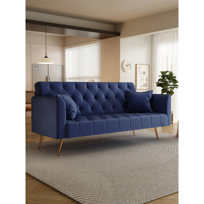 71 Velvet Convertible 3-seater Sofa Bed with Two Throw Pillows and Metal Legs for Living Room
