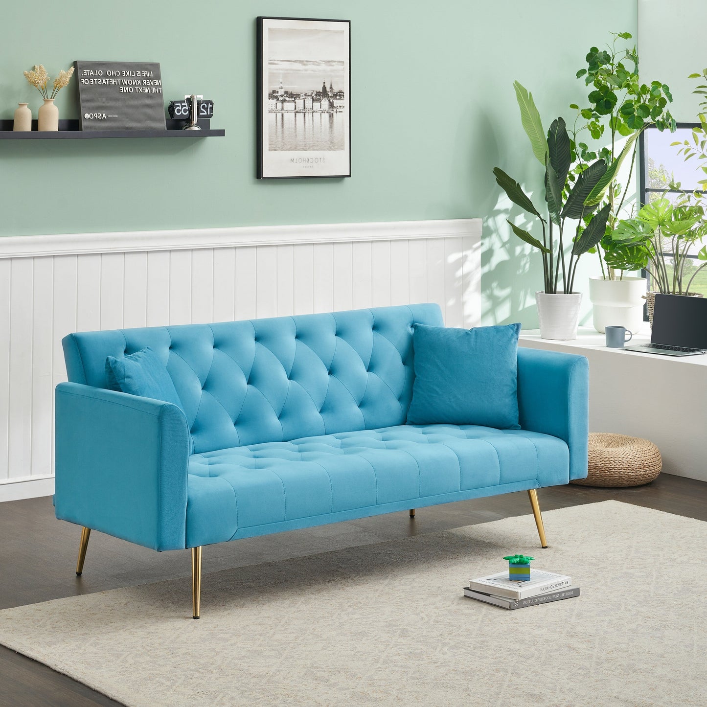 71 Velvet Convertible 3-seater Sofa Bed with Two Throw Pillows and Metal Legs for Living Room