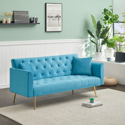 71 Velvet Convertible 3-seater Sofa Bed with Two Throw Pillows and Metal Legs for Living Room