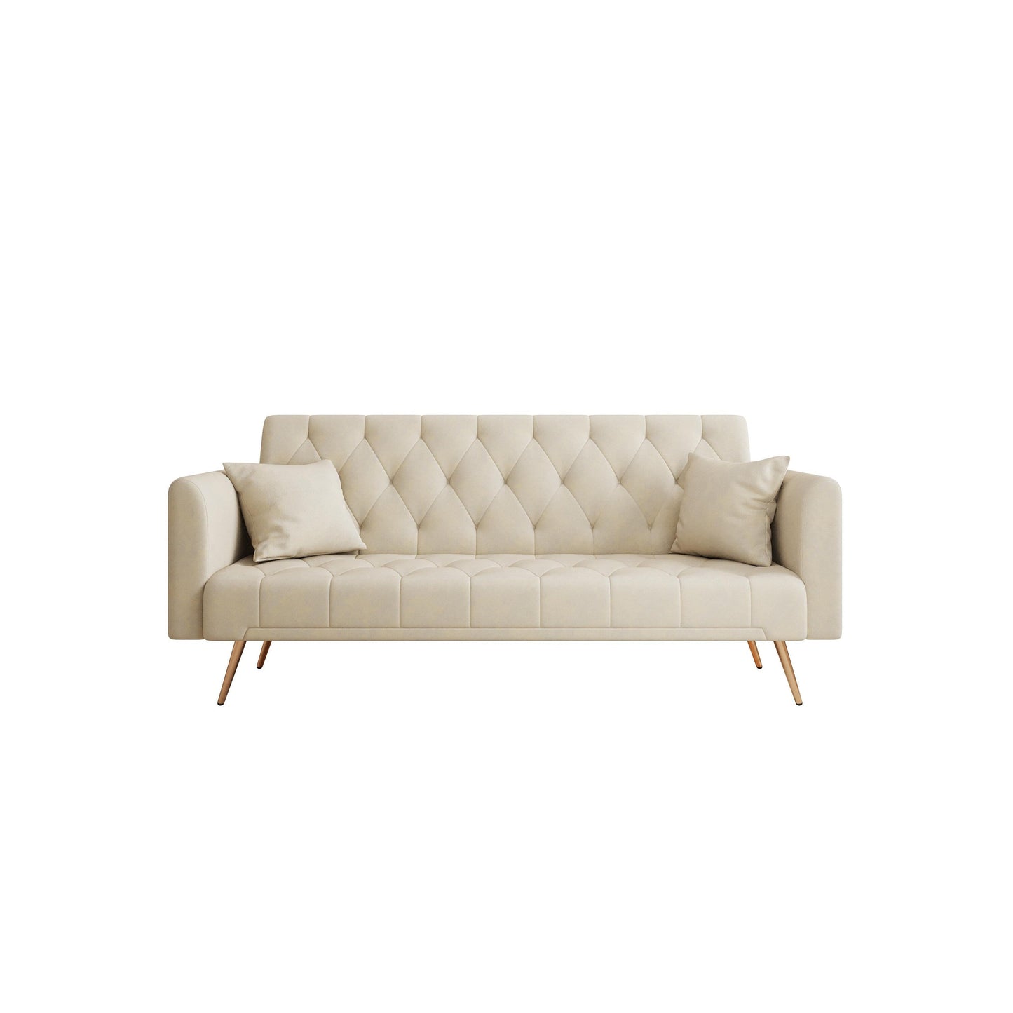 71 Velvet Convertible 3-seater Sofa Bed with Two Throw Pillows and Metal Legs for Living Room
