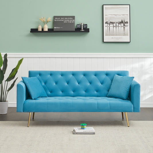 71 Velvet Convertible 3-seater Sofa Bed with Two Throw Pillows and Metal Legs for Living Room