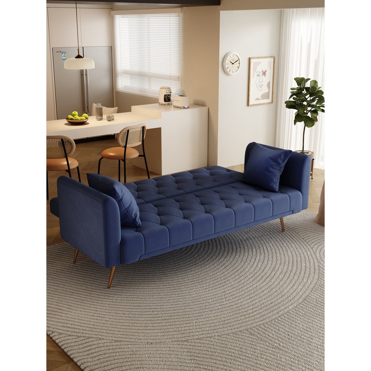 71 Velvet Convertible 3-seater Sofa Bed with Two Throw Pillows and Metal Legs for Living Room