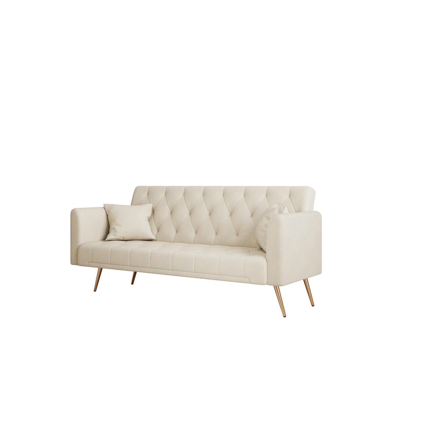 71 Velvet Convertible 3-seater Sofa Bed with Two Throw Pillows and Metal Legs for Living Room