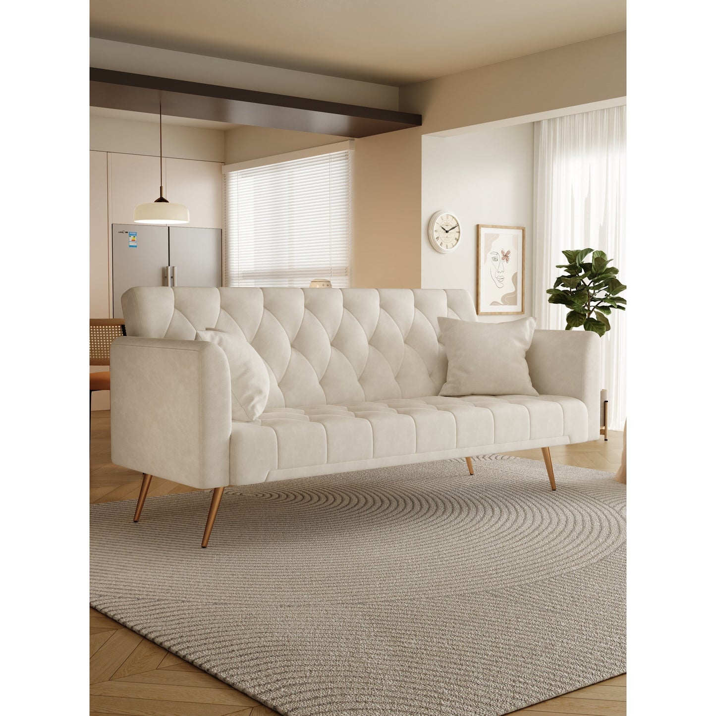 71 Velvet Convertible 3-seater Sofa Bed with Two Throw Pillows and Metal Legs for Living Room