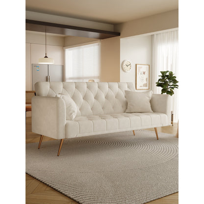 71 Velvet Convertible 3-seater Sofa Bed with Two Throw Pillows and Metal Legs for Living Room