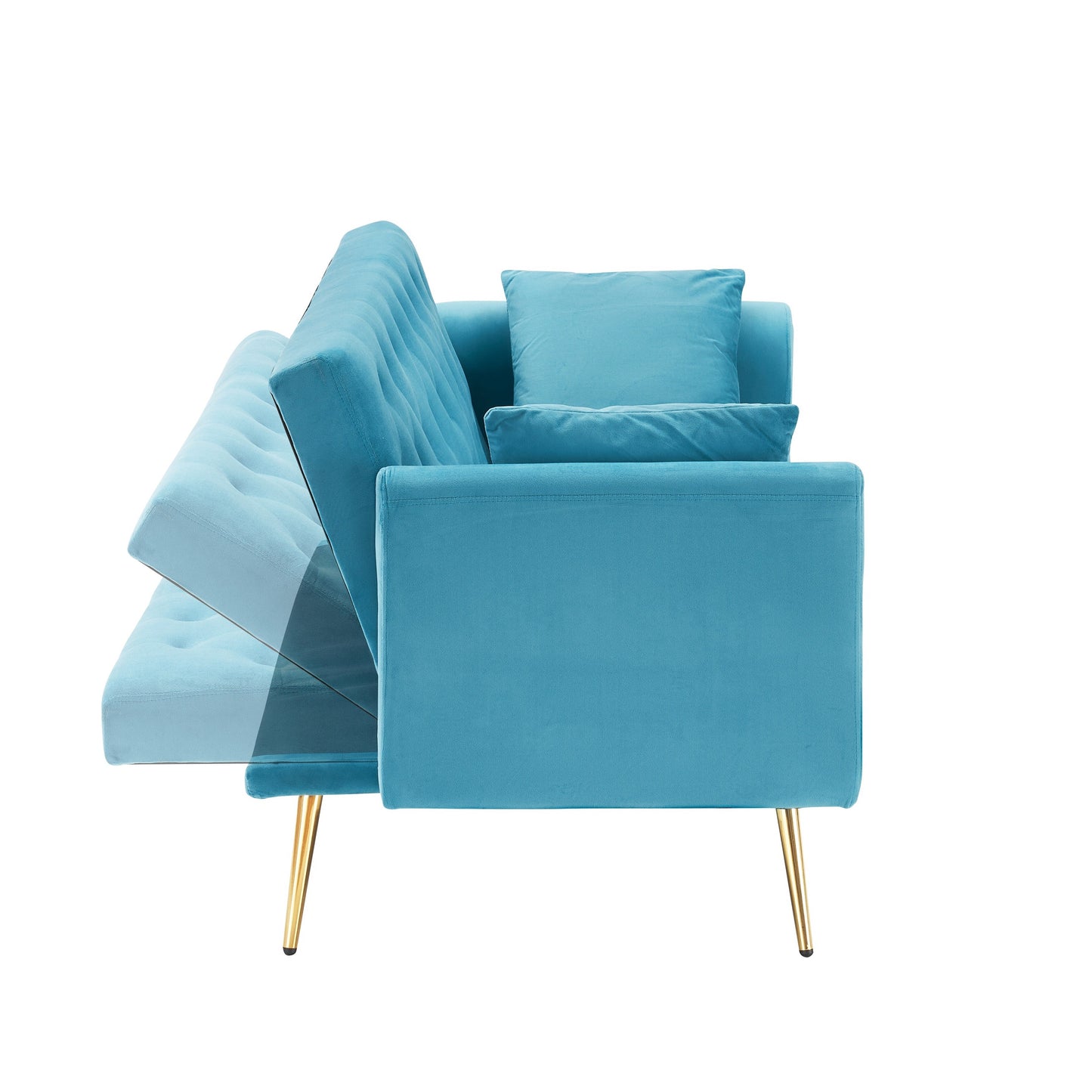 71 Velvet Convertible 3-seater Sofa Bed with Two Throw Pillows and Metal Legs for Living Room