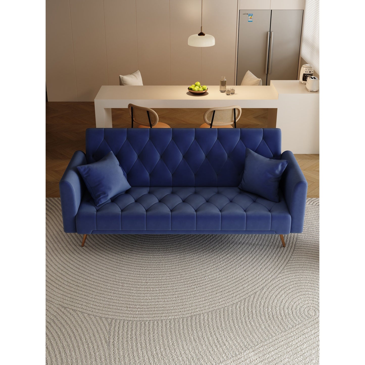 71 Velvet Convertible 3-seater Sofa Bed with Two Throw Pillows and Metal Legs for Living Room