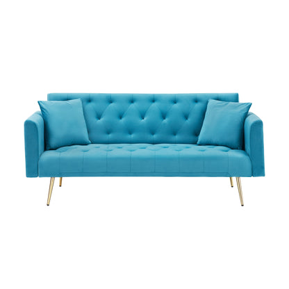 71 Velvet Convertible 3-seater Sofa Bed with Two Throw Pillows and Metal Legs for Living Room