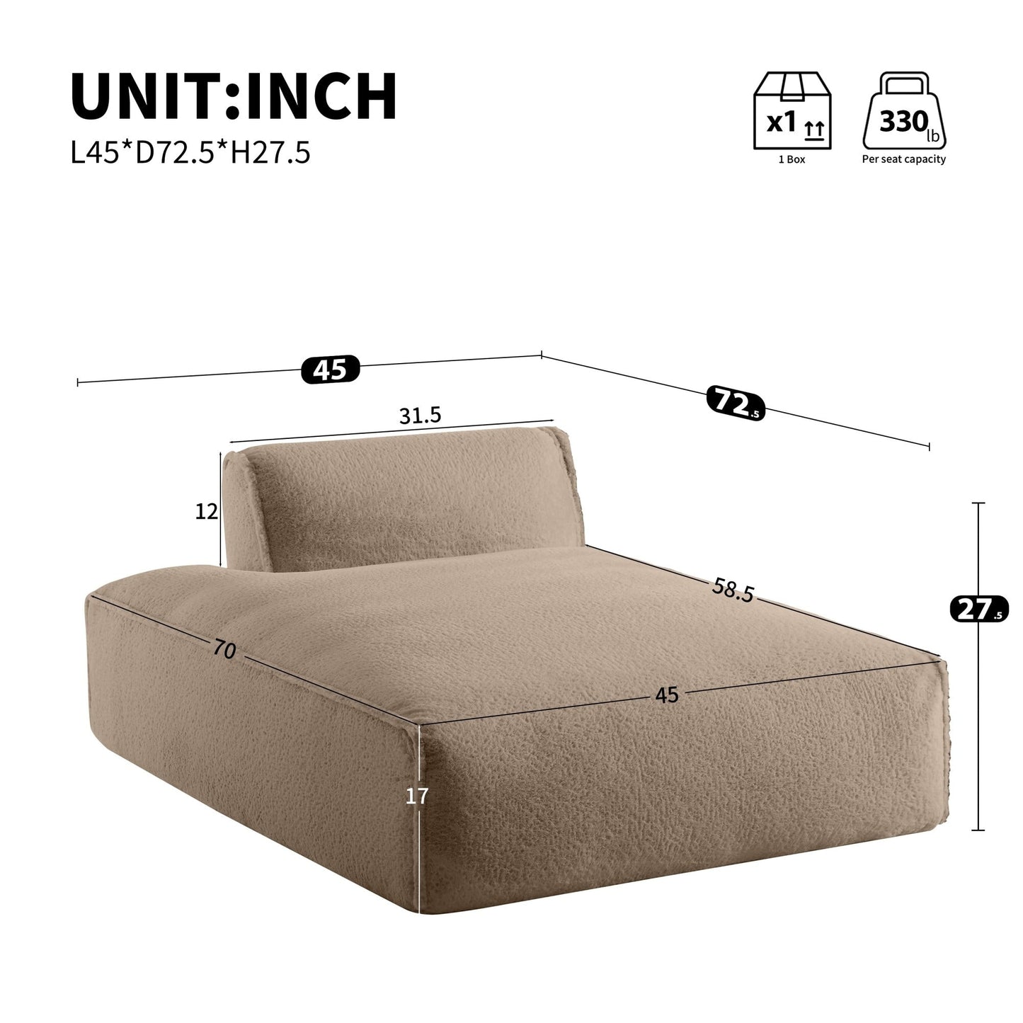 72 Oversized Modular Sofa Compressed Spacious Foam-Filled Sofa Bed