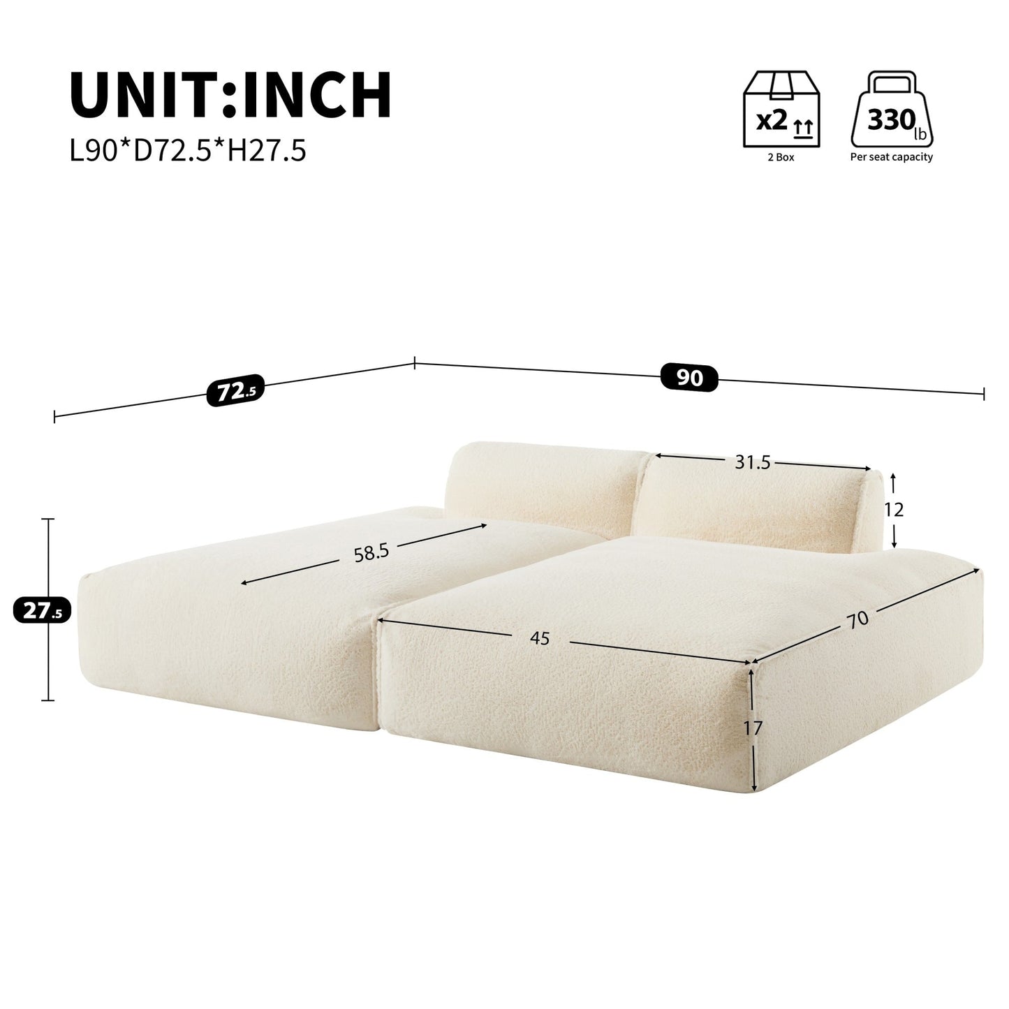 72 Oversized Modular Sofa Compressed Spacious Foam-Filled Sofa Bed
