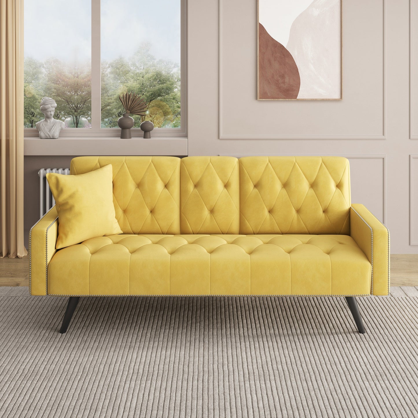 72 Velvet 3-seater Sofa Bed with Nailhead and Cup Holders for Living Room