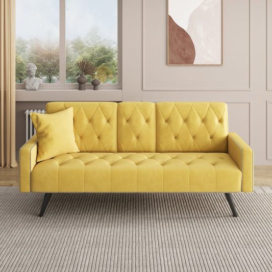 72 Velvet 3-seater Sofa Bed with Nailhead and Cup Holders for Living Room
