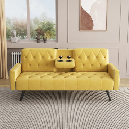 72 Velvet 3-seater Sofa Bed with Nailhead and Cup Holders for Living Room