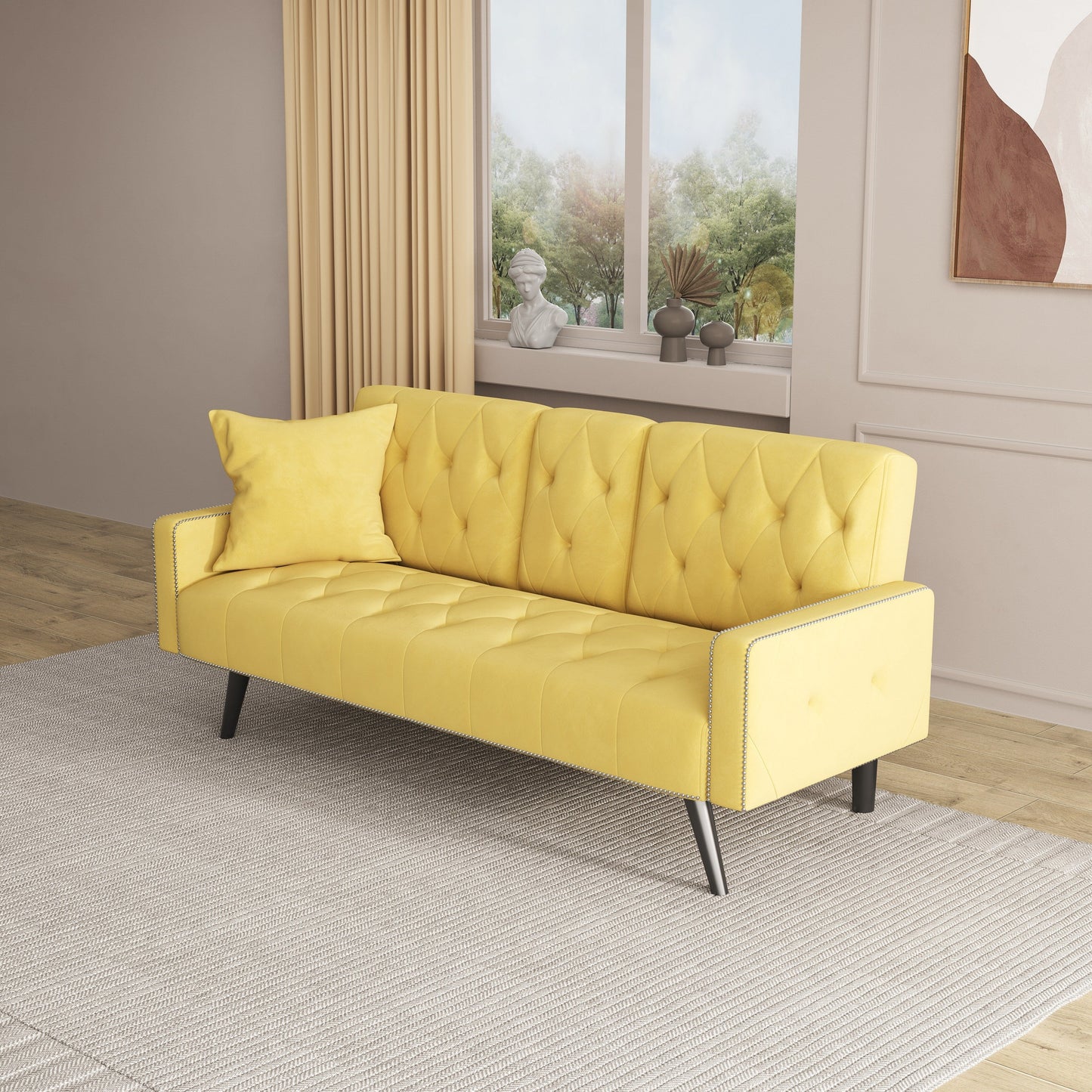 72 Velvet 3-seater Sofa Bed with Nailhead and Cup Holders for Living Room