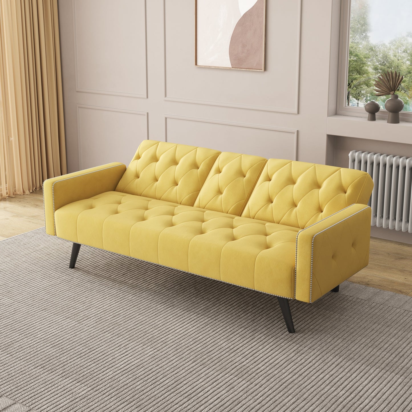 72 Velvet 3-seater Sofa Bed with Nailhead and Cup Holders for Living Room