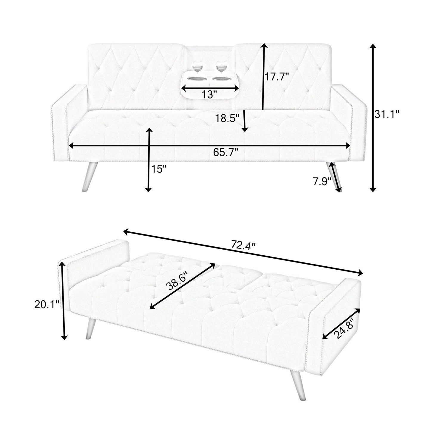 72 Velvet 3-seater Sofa Bed with Nailhead and Cup Holders for Living Room