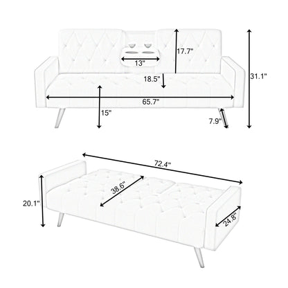 72 Velvet 3-seater Sofa Bed with Nailhead and Cup Holders for Living Room