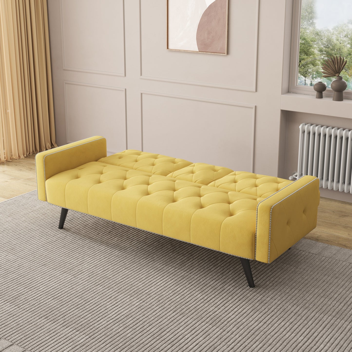 72 Velvet 3-seater Sofa Bed with Nailhead and Cup Holders for Living Room