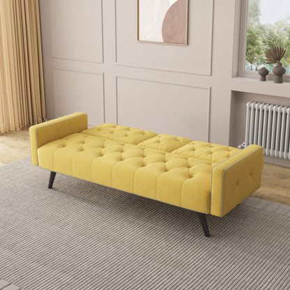 72 Velvet 3-seater Sofa Bed with Nailhead and Cup Holders for Living Room