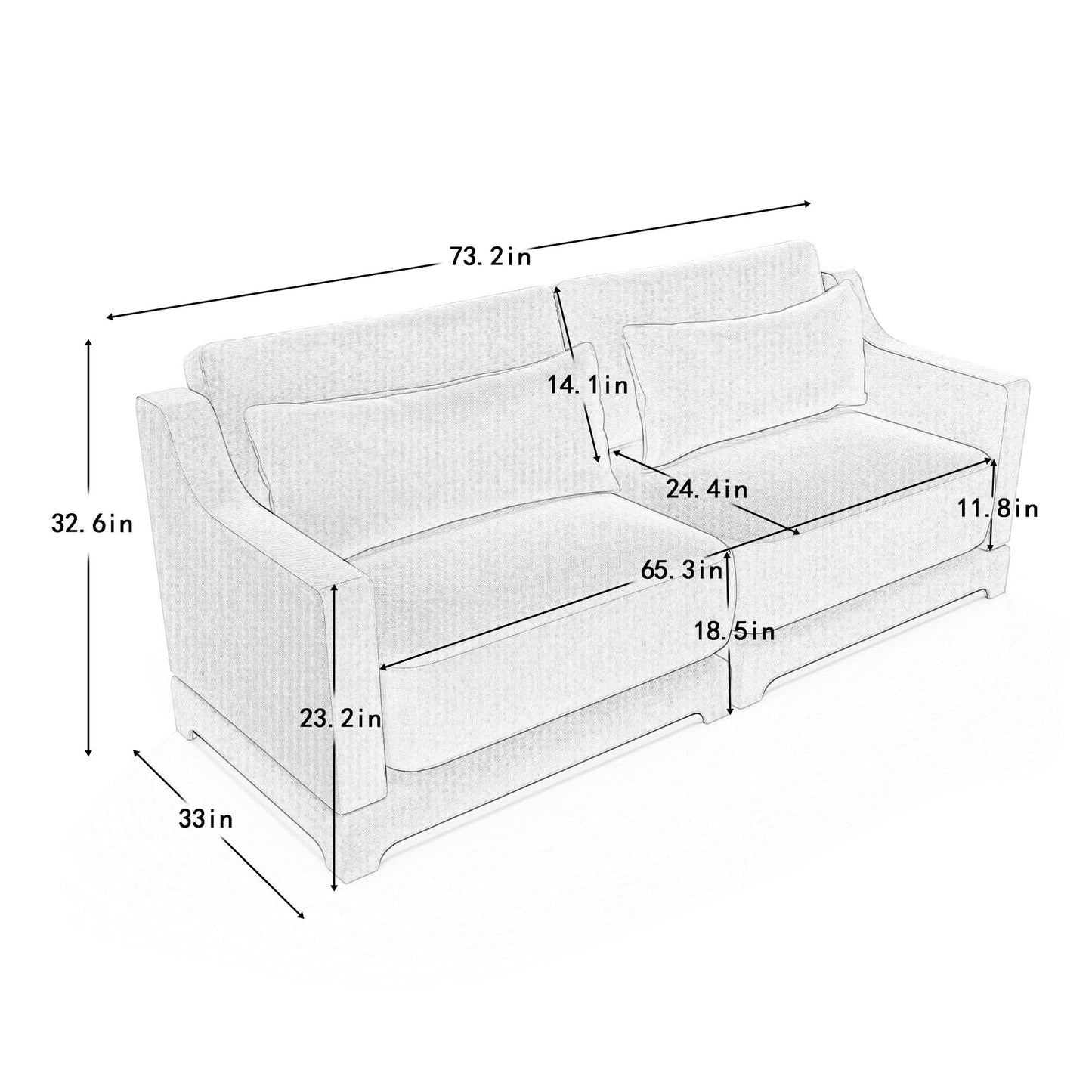 73.2 Chenille 3-Seater Sofa with 2 lumbar pillows for Living Room