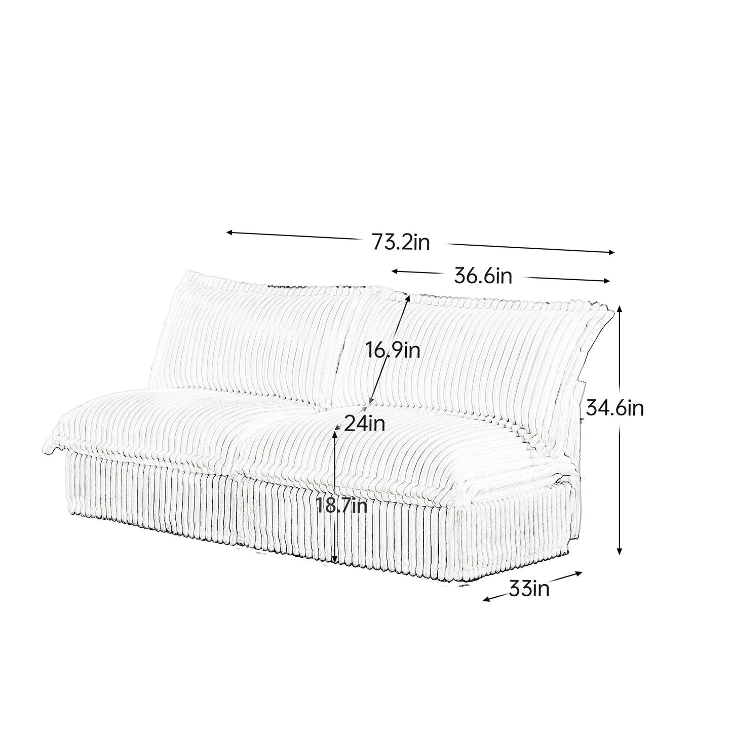 73.2 Corduroy 3-Seater Armless Sofa Deep for living room and bedroom