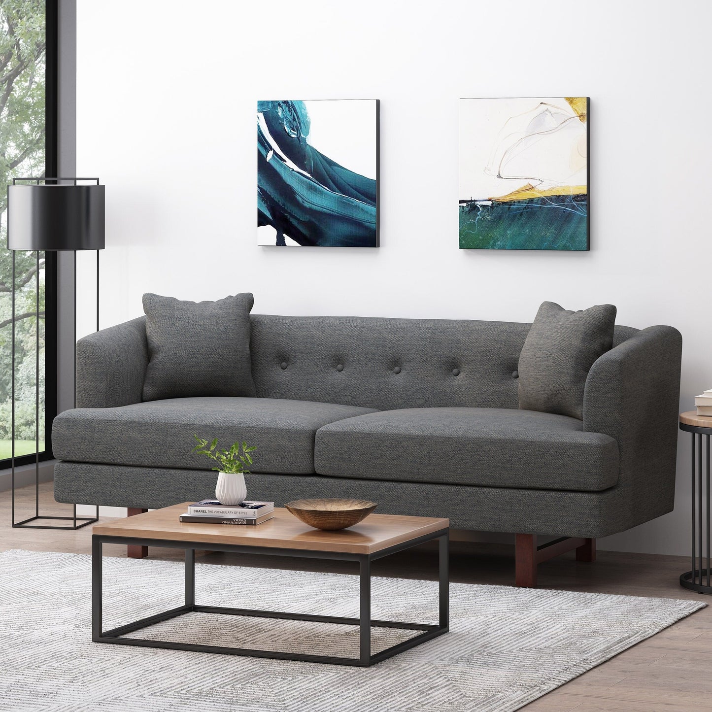 73.5 3-seater Button Tufted Sofa with Wood Legs and Pillows for Living Room