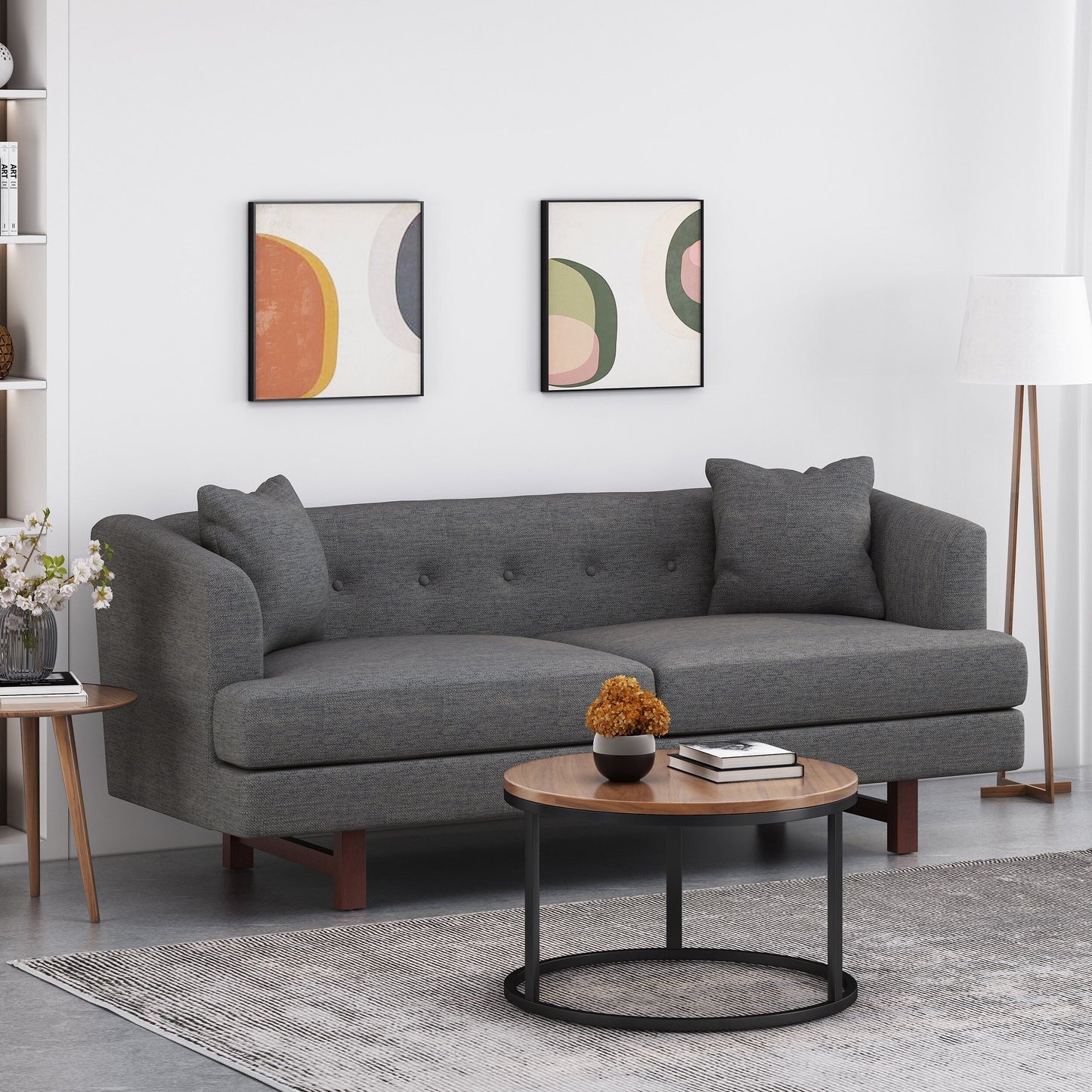 73.5 3-seater Button Tufted Sofa with Wood Legs and Pillows for Living Room