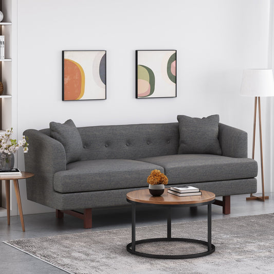 73.5 3-seater Button Tufted Sofa with Wood Legs and Pillows for Living Room