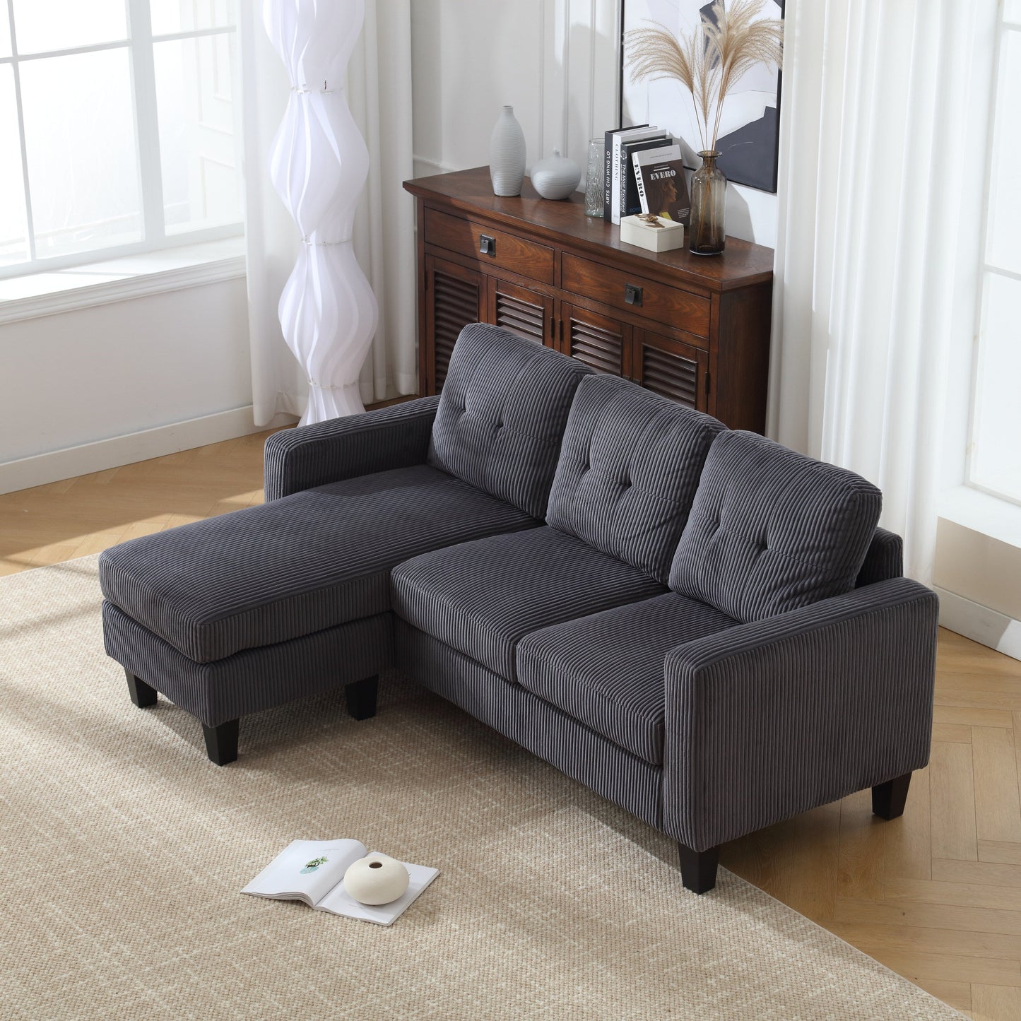 73.62'' Velvet L-Shaped 3-Seater Sofa with Reversible Chaise, Easy Assembly, and Pet-Friendly Design