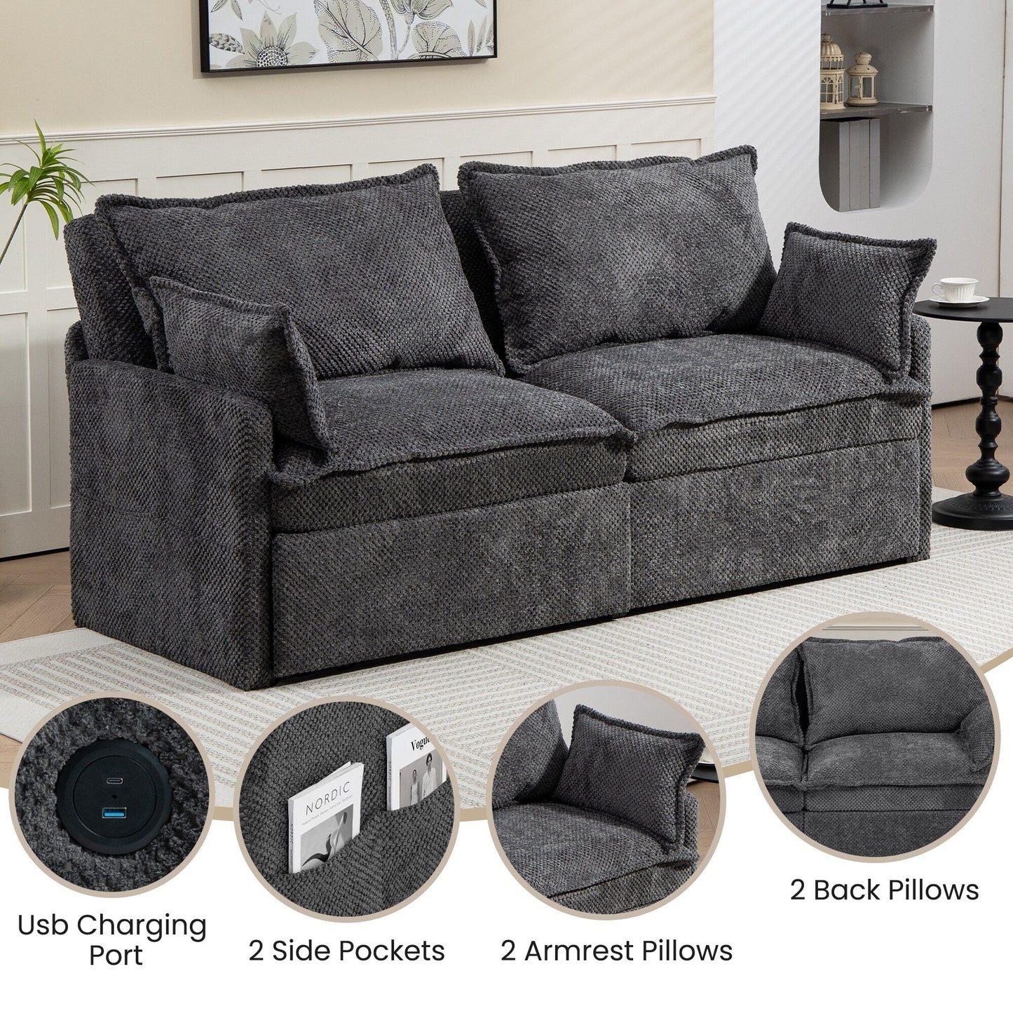 73.6 Corduroy 3-in-1 Convertible Sofa Bed with Pull-Out Sleeper, USB Charging Ports, and Side Storage