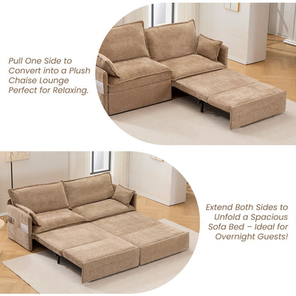 73.6 Corduroy 3-in-1 Convertible Sofa Bed with Pull-Out Sleeper, USB Charging Ports, and Side Storage