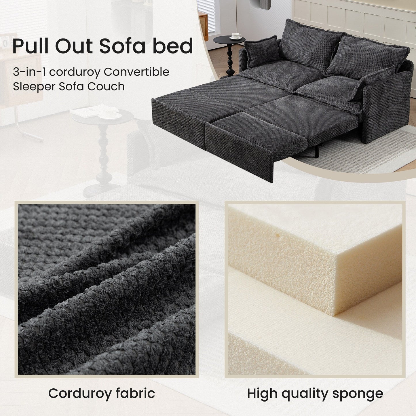 73.6 Corduroy 3-in-1 Convertible Sofa Bed with Pull-Out Sleeper, USB Charging Ports, and Side Storage