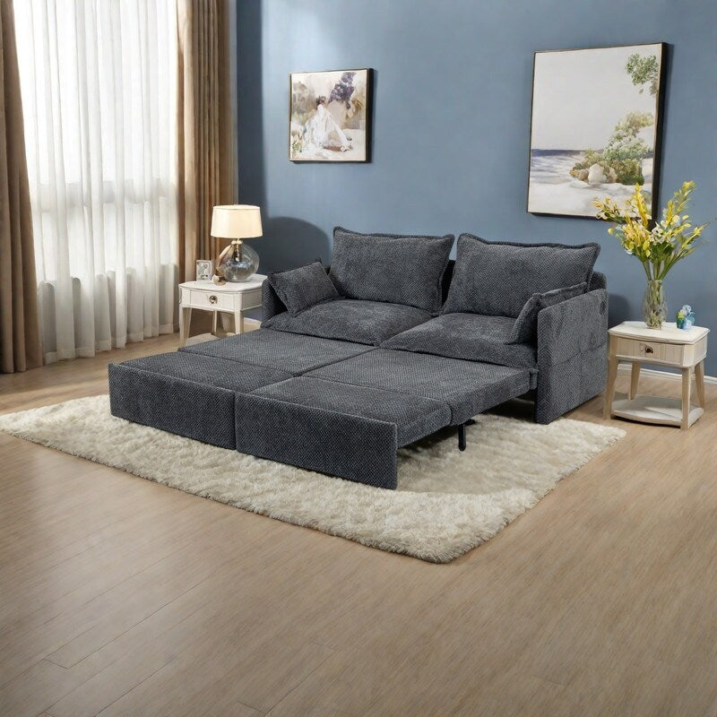 73.6 Corduroy 3-in-1 Convertible Sofa Bed with Pull-Out Sleeper, USB Charging Ports, and Side Storage