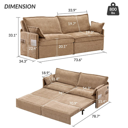 73.6 Corduroy 3-in-1 Convertible Sofa Bed with Pull-Out Sleeper, USB Charging Ports, and Side Storage