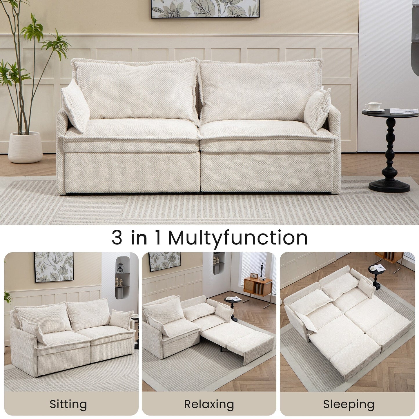 73.6 Corduroy 3-in-1 Convertible Sofa Bed with Pull-Out Sleeper, USB Charging Ports, and Side Storage