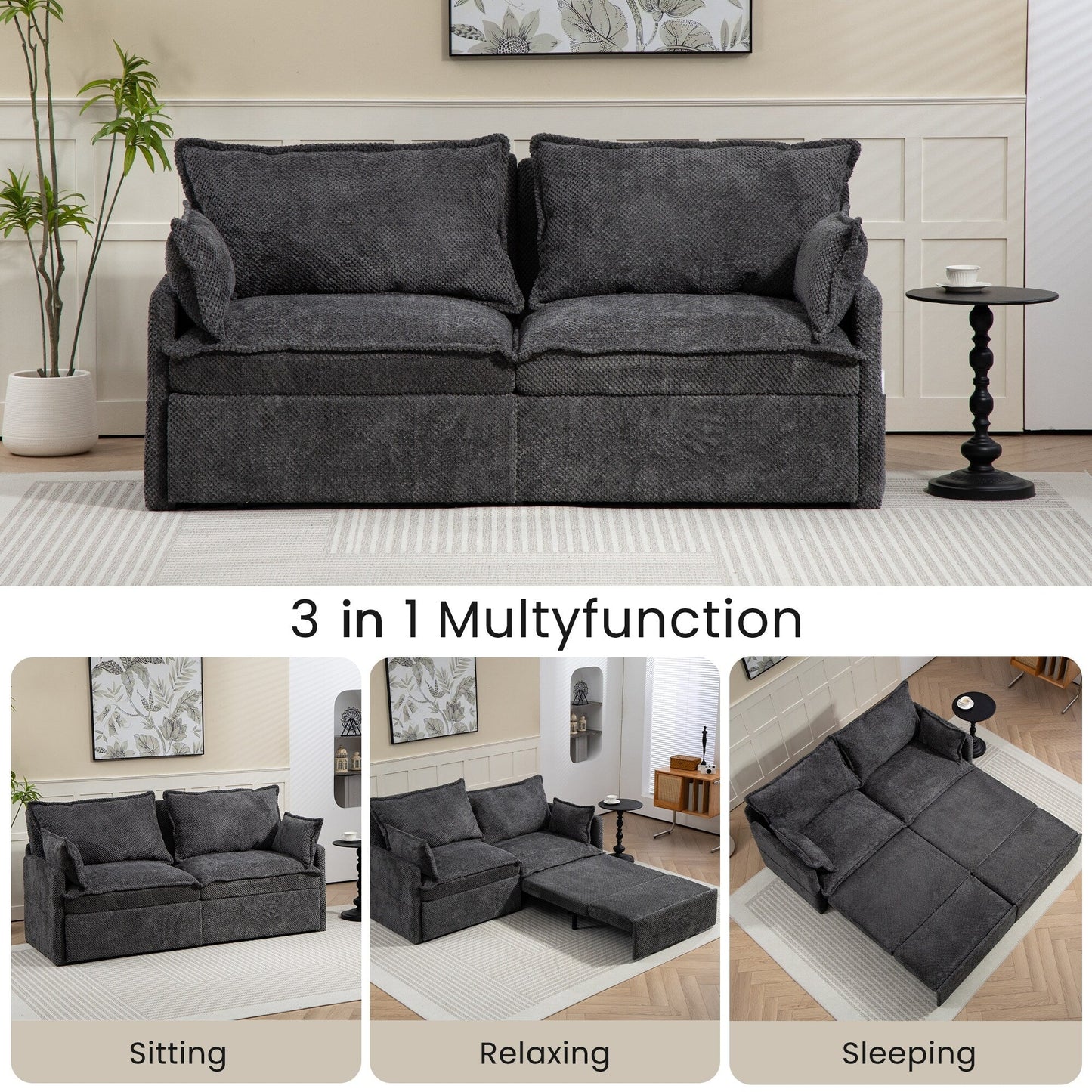 73.6 Corduroy 3-in-1 Convertible Sofa Bed with Pull-Out Sleeper, USB Charging Ports, and Side Storage