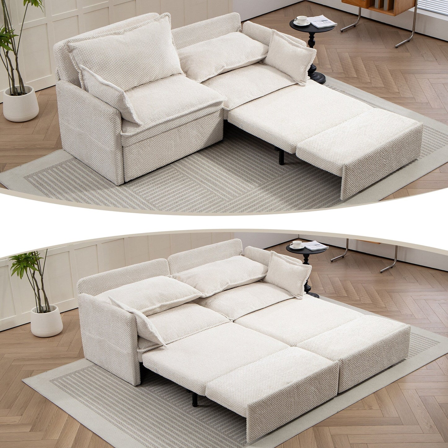 73.6 Corduroy 3-in-1 Convertible Sofa Bed with Pull-Out Sleeper, USB Charging Ports, and Side Storage
