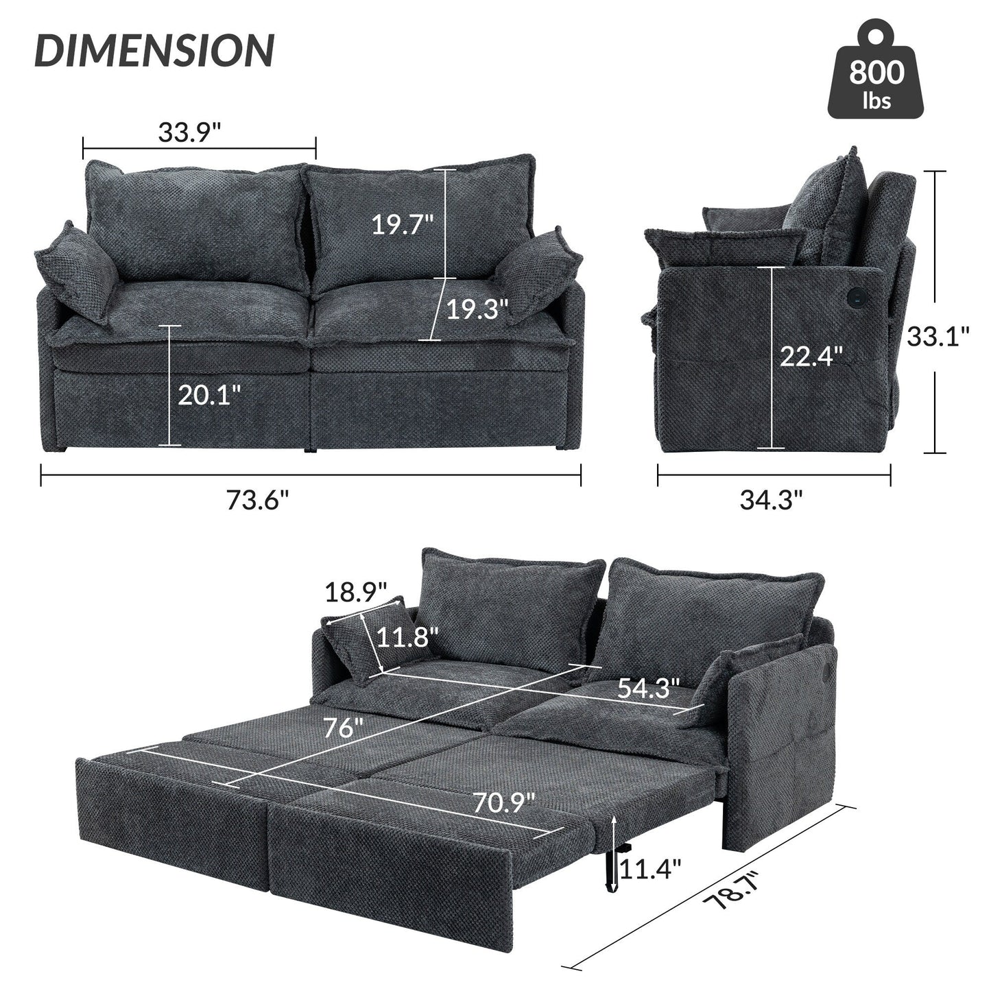 73.6 Corduroy 3-in-1 Convertible Sofa Bed with Pull-Out Sleeper, USB Charging Ports, and Side Storage