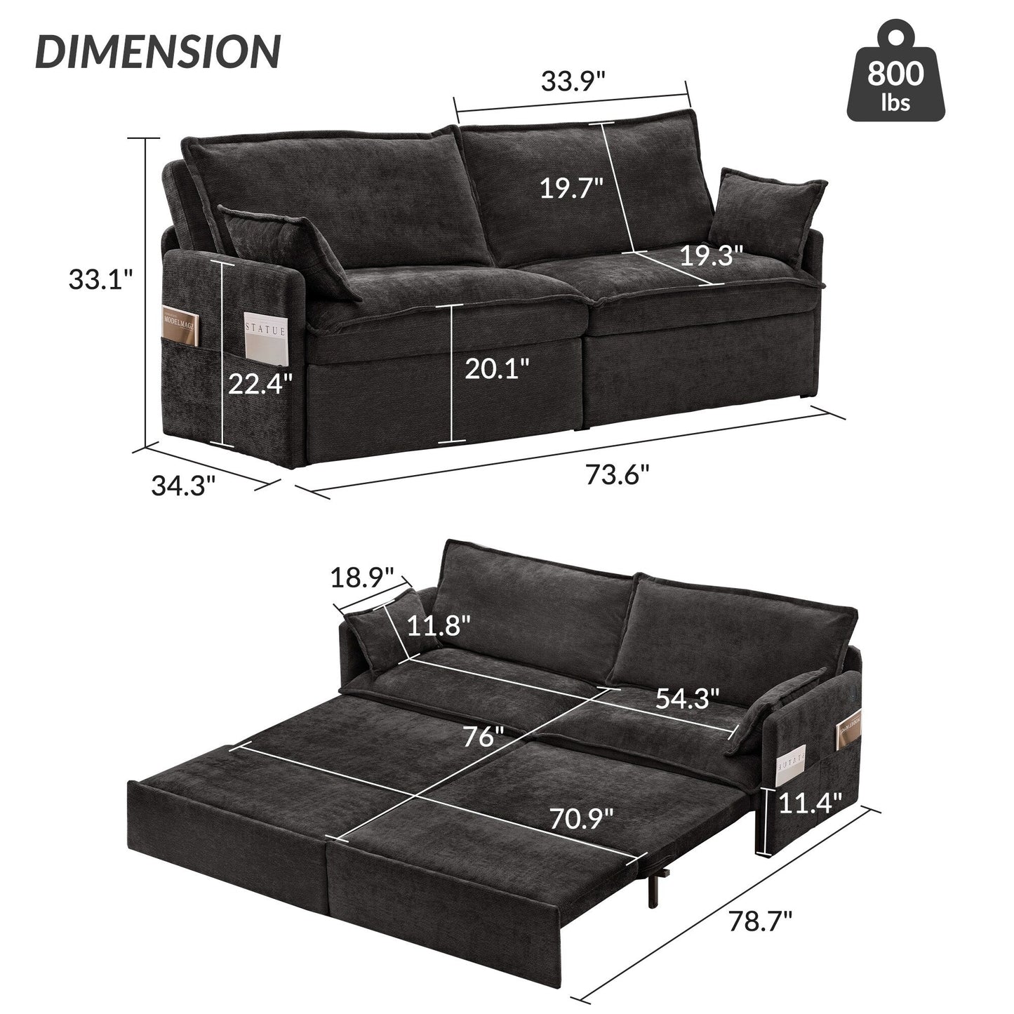 73.6 Corduroy 3-in-1 Convertible Sofa Bed with Pull-Out Sleeper, USB Charging Ports, and Side Storage