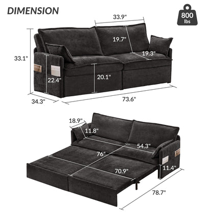 73.6 Corduroy 3-in-1 Convertible Sofa Bed with Pull-Out Sleeper, USB Charging Ports, and Side Storage