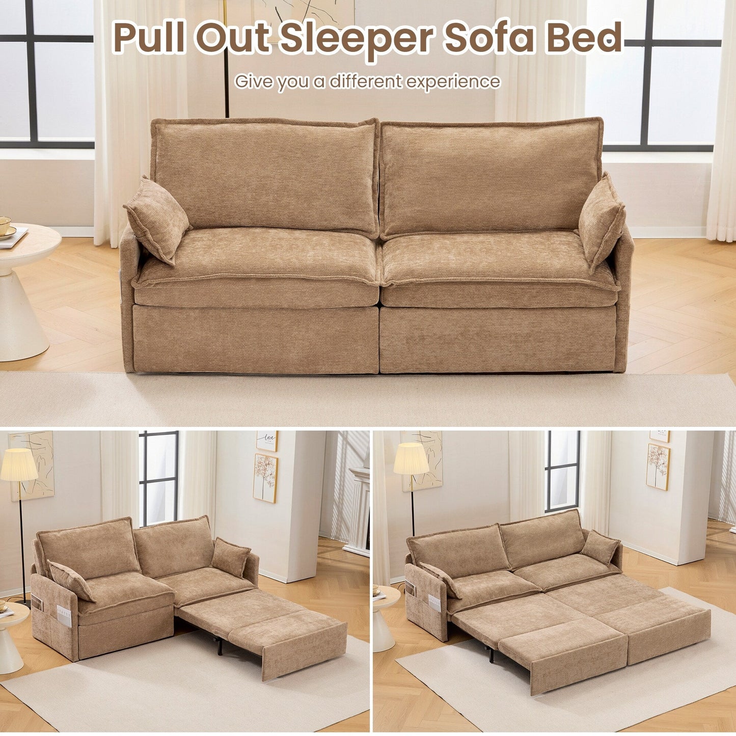 73.6 Corduroy 3-in-1 Convertible Sofa Bed with Pull-Out Sleeper, USB Charging Ports, and Side Storage
