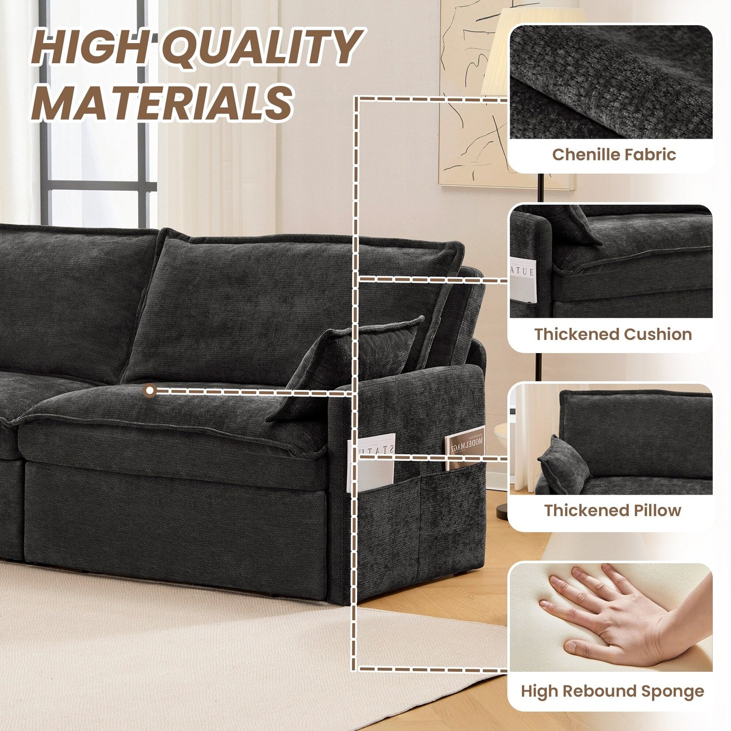73.6 Corduroy 3-in-1 Convertible Sofa Bed with Pull-Out Sleeper, USB Charging Ports, and Side Storage