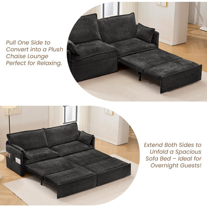 73.6 Corduroy 3-in-1 Convertible Sofa Bed with Pull-Out Sleeper, USB Charging Ports, and Side Storage