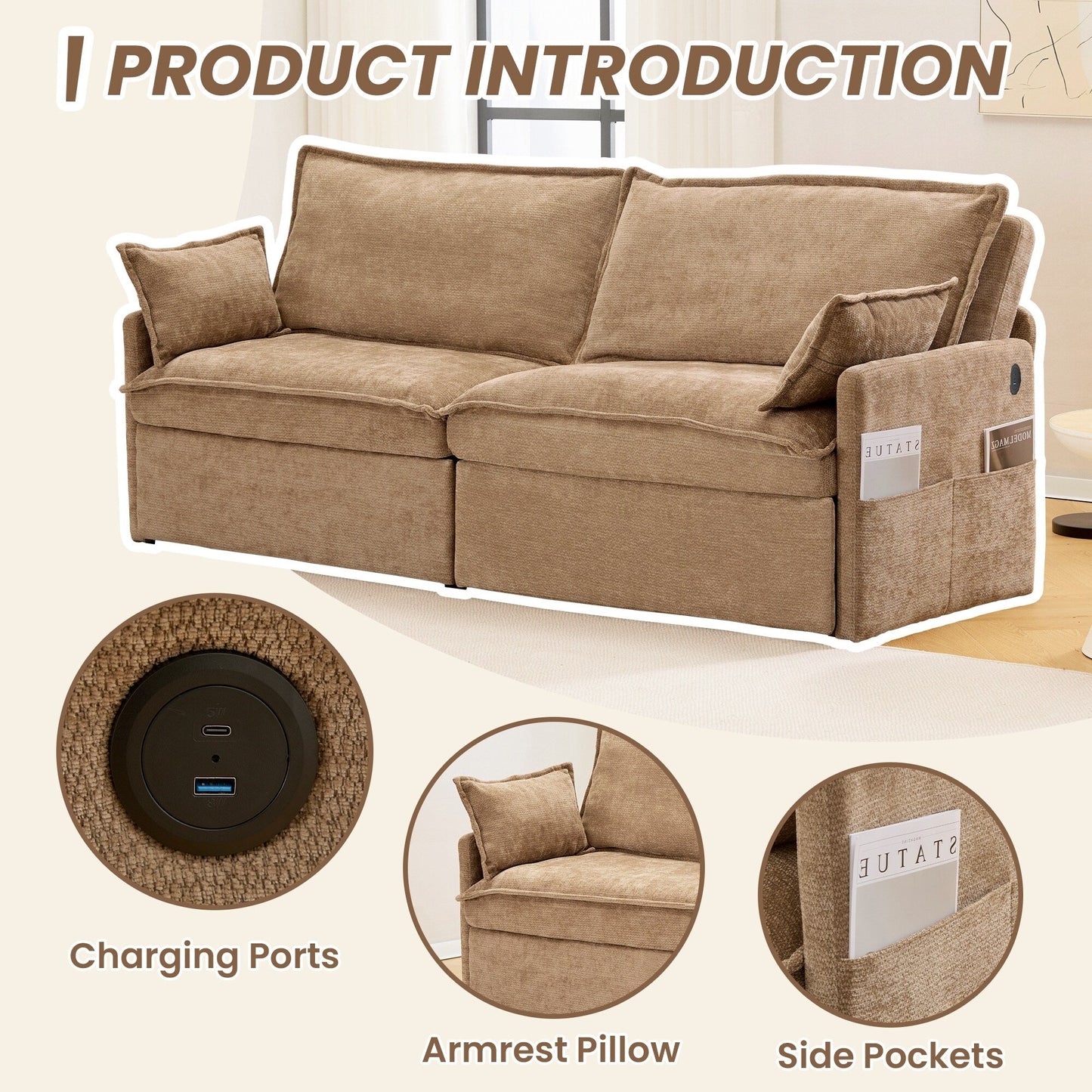 73.6 Corduroy 3-in-1 Convertible Sofa Bed with Pull-Out Sleeper, USB Charging Ports, and Side Storage