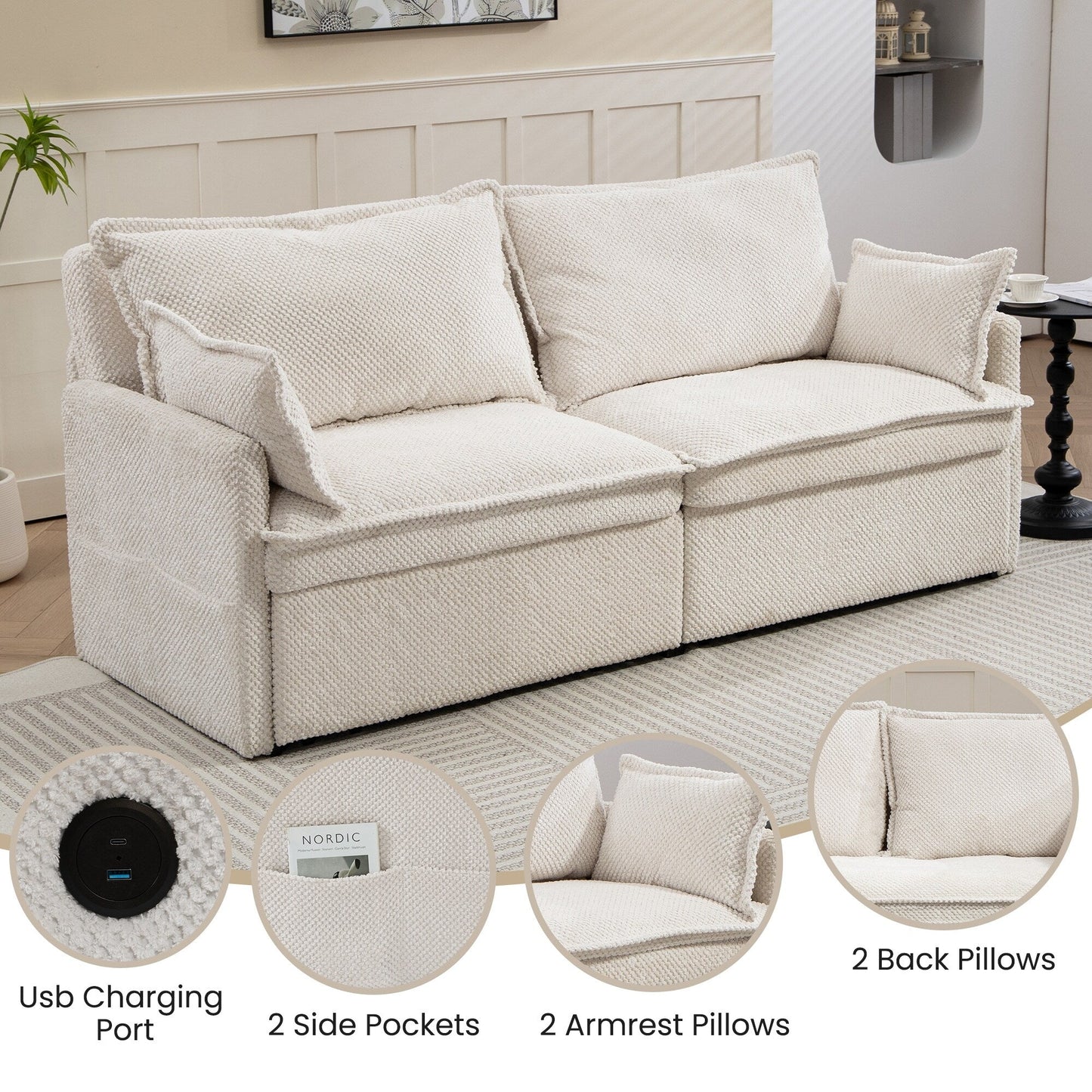 73.6 Corduroy 3-in-1 Convertible Sofa Bed with Pull-Out Sleeper, USB Charging Ports, and Side Storage