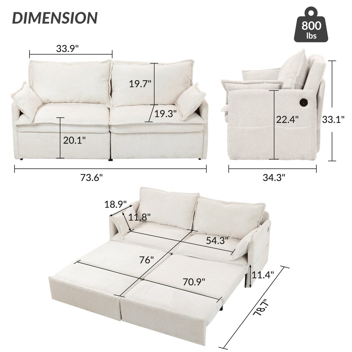 73.6 Corduroy 3-in-1 Convertible Sofa Bed with Pull-Out Sleeper, USB Charging Ports, and Side Storage