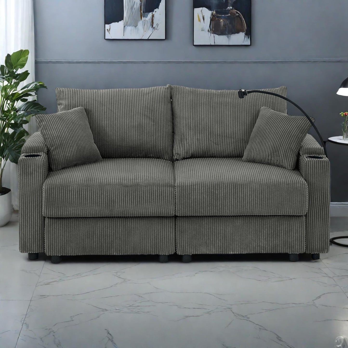 73 Corduroy Modern 2-Seater Sofa Deep Seat with Cup Holders & Phone Holder